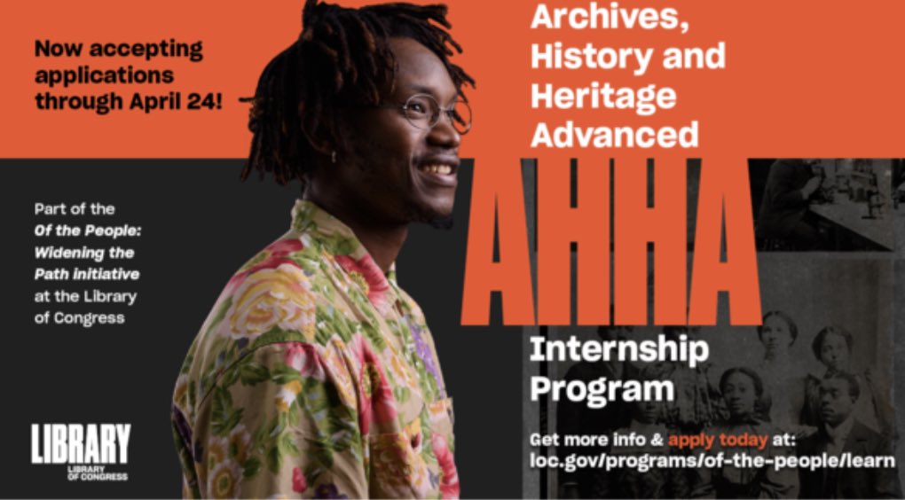The Library is seeking applicants for its next Archives, History and Heritage Advanced Internship Program, which will run from Sept. 11 to Nov. 17. This 10-week, paid internship is open to currently enrolled. &lt;More info. at loc.gov/programs/of-th…
 &gt;