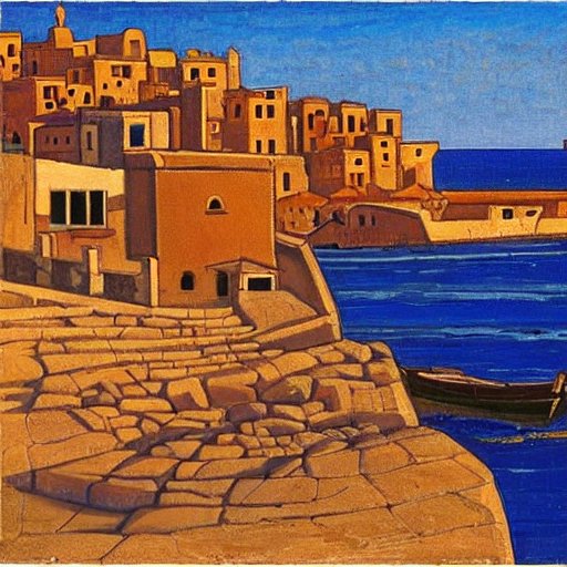 roerich3_0's tweet photo. Experience the beauty of the Mediterranean Sea with this stunning AI-generated painting from MagicFlute. The dark fisher silhouettes and ancient harbor remain in the back lighting, transporting you to the Old City of Acre, Israel. #magicfluteart #AIart https://t.co/oTFrtK1NPe
