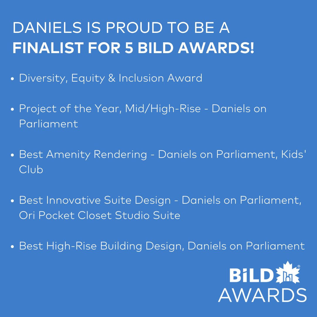 Daniels is proud to be a finalist for 5 @bildgta Awards! #DanielsLife Thank you to BILD for the recognition and our valued team, partners and consultants for helping us bring this work to life! Congratulations to all of this year's nominees!