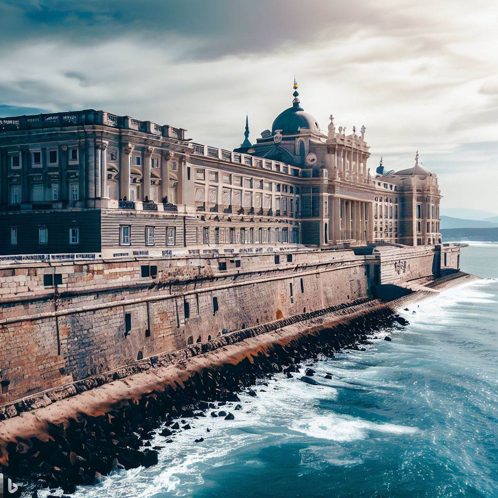 SpanishAI's tweet photo. Royal Palace of Madrid next to the ocean https://t.co/lqtj4hEgxH