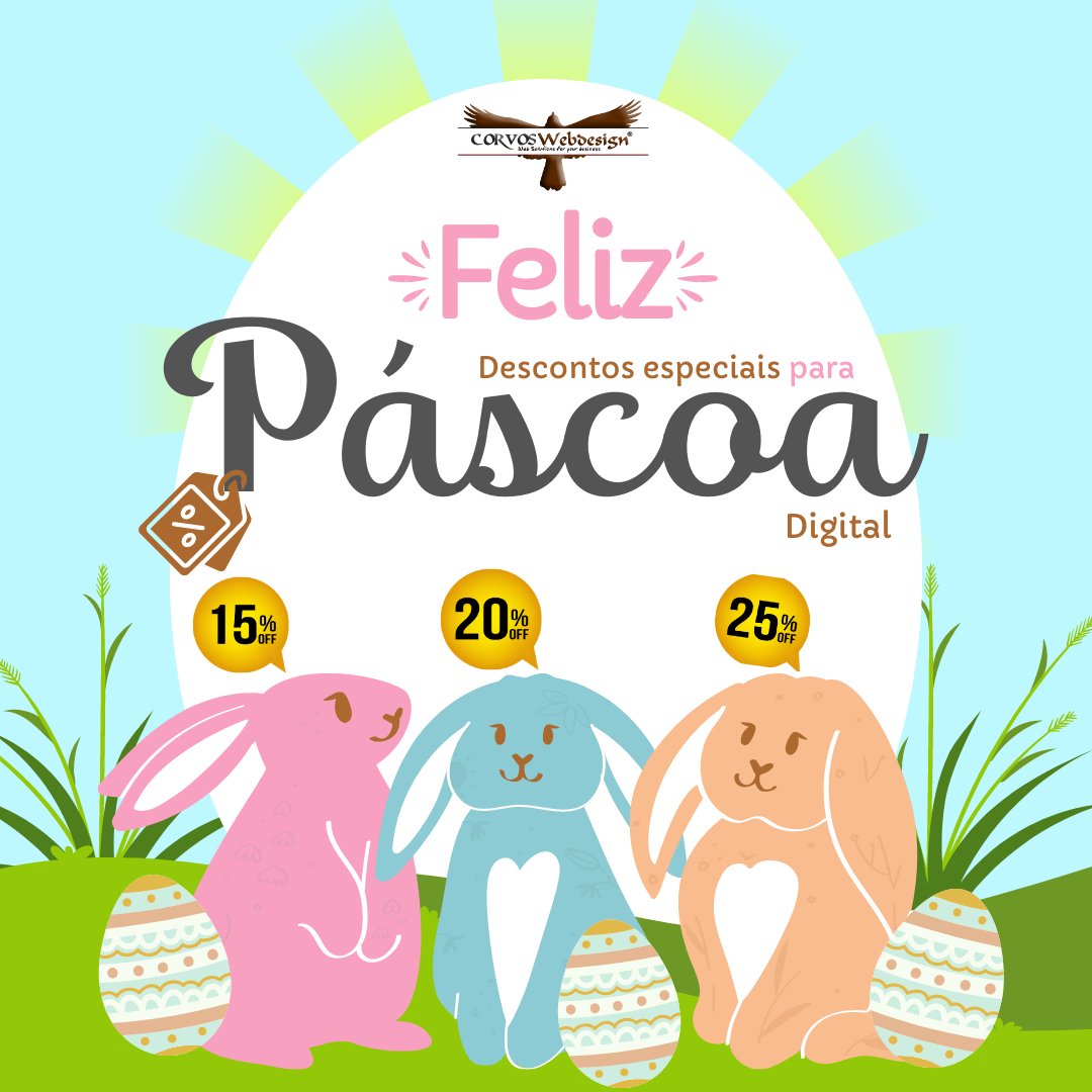 corvoswebdesign's tweet photo. A partir de Hoje estamos disponibilizando DESCONTOS ESPECIAIS da Páscoa, para diversos tipos de serviços digitais que vão de 15% à 25% off. Aproveite e deixei seu negócios ainda mais doces e atraente para seus clientes. Descontos válidos até dia 07/04/2023. Saiba+! #Pascoa #cwd https://t.co/bo6k6MtD3n