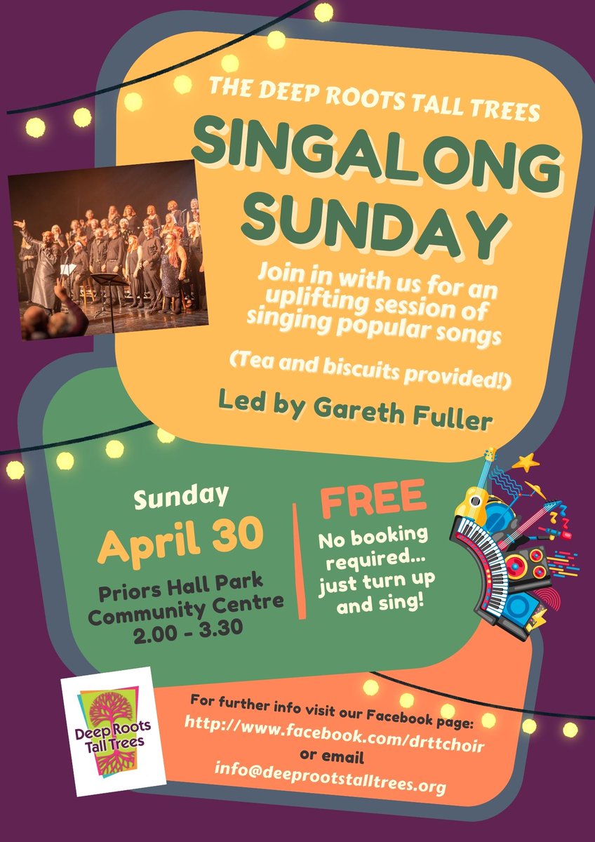 DRTT_Corby's tweet photo. Here's the flyer for our new "Singalong Sundays" - the first one is on 14th April at 2pm at Priors Hall Park Community Centre - details here: https://t.co/xmauBbSWKI - no booking required just an enthusiasm for singing! #LetsCreate #ACEsupported https://t.co/DpT4k6eqhu