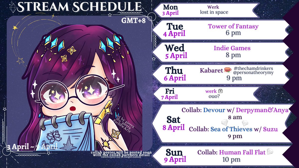 Sch3waltz's tweet photo. Hi ๐!
This week stream schedule is here!โจ
3~9 April 2023
#schewatch #MYVTUBER #MyVT
โญ๏ธ3 collabs for this week ๐ป๐น
โญ๏ธ6 April gonna be playing the Kabaret game from @personatheorymy ๐ฒ๐พ !
imma gonna show y'all I'm good at guli #pray4myaim
๐ดhttps://t.co/BWWGIZrBgq
๐จ@o_pierra https://t.co/NwdGnGfTqW