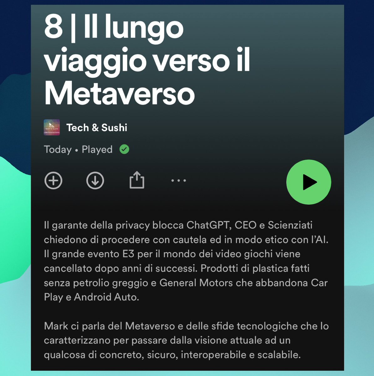 techandsushi's tweet photo. #Podcast 8: https://t.co/twn7iD9K8R

🧑🏻‍💻Parliamo del #Metaverso e come arrivare a qualcosa di concreto, sicuro, interoperabile e scalabile

#News: Il #garante blocca #ChatGPT, petizione per #AI #Etica, #E3 cancellato, nuova #plastica e #GeneralMotors senza #CarPlay e #AndroidAuto https://t.co/R1hCi11nJk