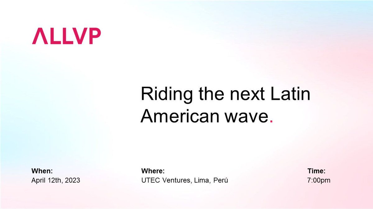 Live event in Lima by @ALLVP_ 💥

Nos unimos a ALLVP en este evento para charlar y conectar con founders, inversionistas y amigos/as del ecosistema emprendedor peruano.

¡Te esperamos el 12 de abril a las 7:00pm en UTEC Ventures!

Regístrate aquí 👇🏾
lu.ma/ALLVP_Peru