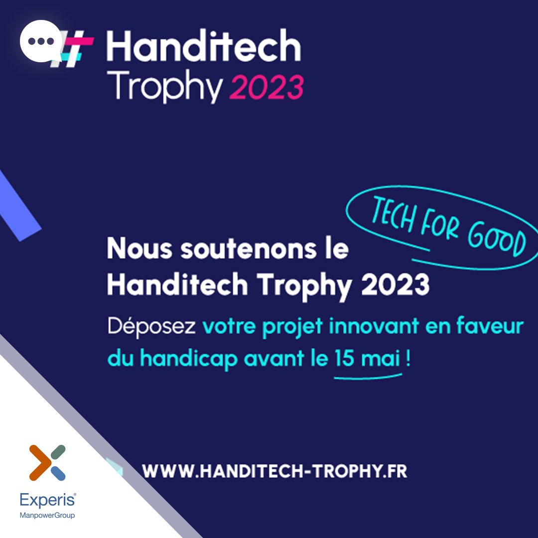 Experis_France's tweet photo. [📣#AppelàProjet] Fiers de soutenir le @HanditechTrophy pour la 3ème année consécutive. 

📅Vous développez une solution innovante dans ce domaine ? Participez jusqu'au 15 mai !🍀

👉 https://t.co/pIF0sw1TQC
#weareexperis #HTT23 https://t.co/owoaWhztfn