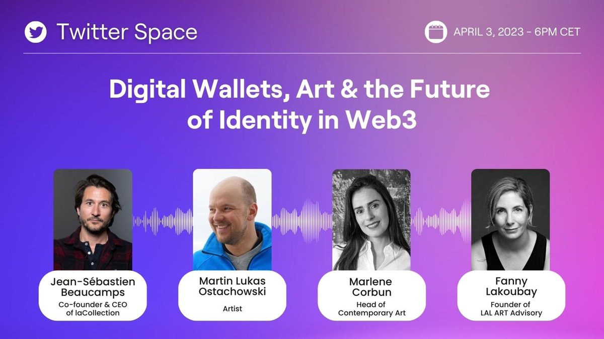 Join us in an hour for a conversation with @JSBeaucamps to discuss art, wallets & the future of identity in Web3 with @MarleneCorbun & @flakoubay ☁️💙☁️💙☁️💙☁️💙☁️ twitter.com/i/spaces/1LyxB…