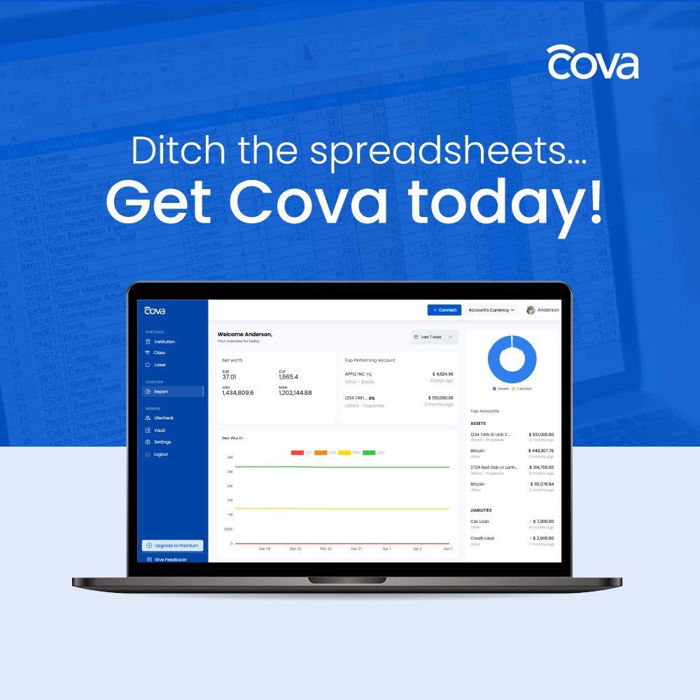 get_cova's tweet photo. Spreadsheets are soooo last season 🙄
You deserve an automated view of your various assets and investments PLUS analytics that guide you!
#wealthtracking #networth #analytics https://t.co/eY9mZghZFh