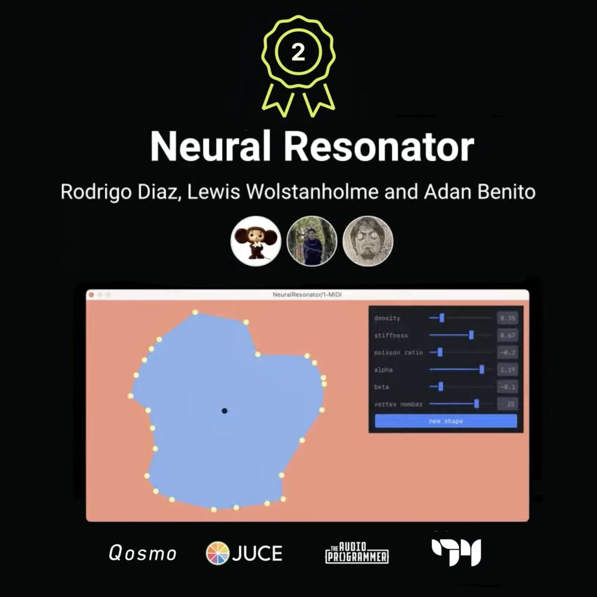 Very stoked to have come second in the Neural Audio Plugin competition! Well as well to Rodrigo Diaz and <a href="/AdanLBenito/">Adán L. Benito</a>. Thanks to <a href="/audioprogrammer/">The Audio Programmer</a> and <a href="/neutone_ai/">neutone</a> for hosting! And thanks to <a href="/qosmo_inc/">Qosmo — AI Creativity & Music Lab</a>, <a href="/JUCElibrary/">JUCE</a> and <a href="/cycling74/">Cycling '74</a> for the prizes!