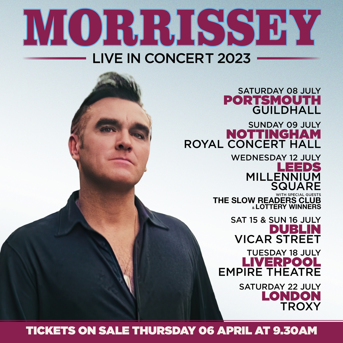 Morrissey (<a href="/officialmoz/">Morrissey</a>) has announced a series of summer headline dates this July, including an outdoor show at Leeds Millennium Square! 🕺✨

Tickets on sale this Thursday at 9:30am via gigst.rs/Morrissey
