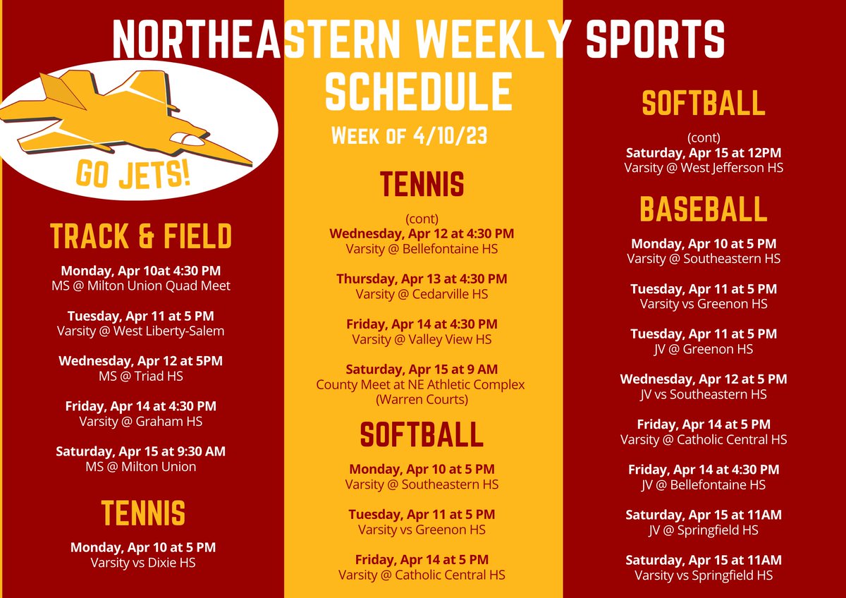⚾ 🥎 🏃🏃🎾 Here is the list of spring 🌱 athletic events currently scheduled for the week starting Monday, April 10, 2023.

#NELSDpride #CougarsRoar #JetsSoar