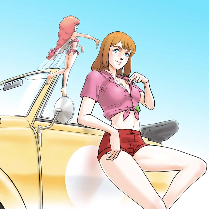 今日ホビージャパンからムック本が出たからか #ダンバイン がトレンドに上がっていたので描きかけで長らく放置していた絵を。ハワイでもうちょっと長居できたら #マーベル・フローズン や #チャム・ファウ の水着姿を見れたかもねと#ダンバイン40周年 