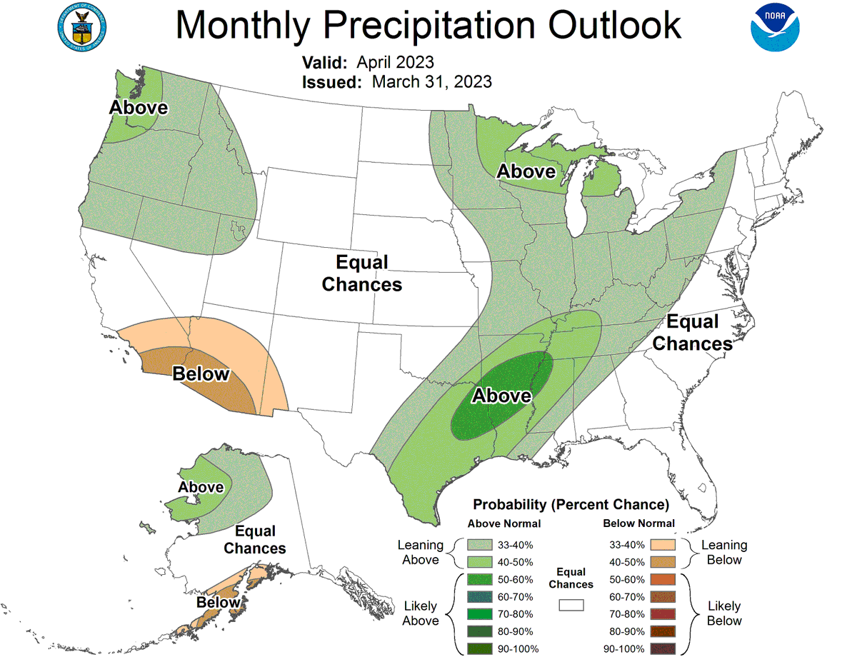 The final April outlooks from <a href="/NWSCPC/">NWS Climate Prediction Center</a> show slightly elevated chances of cooler temps. north and wetter conditions for much of #Iowa. Climatologically, the average temperature for the month is 48.6 degrees while 3.67" of precipitation is expected. #IowaAg #IowaClimate #plant23
