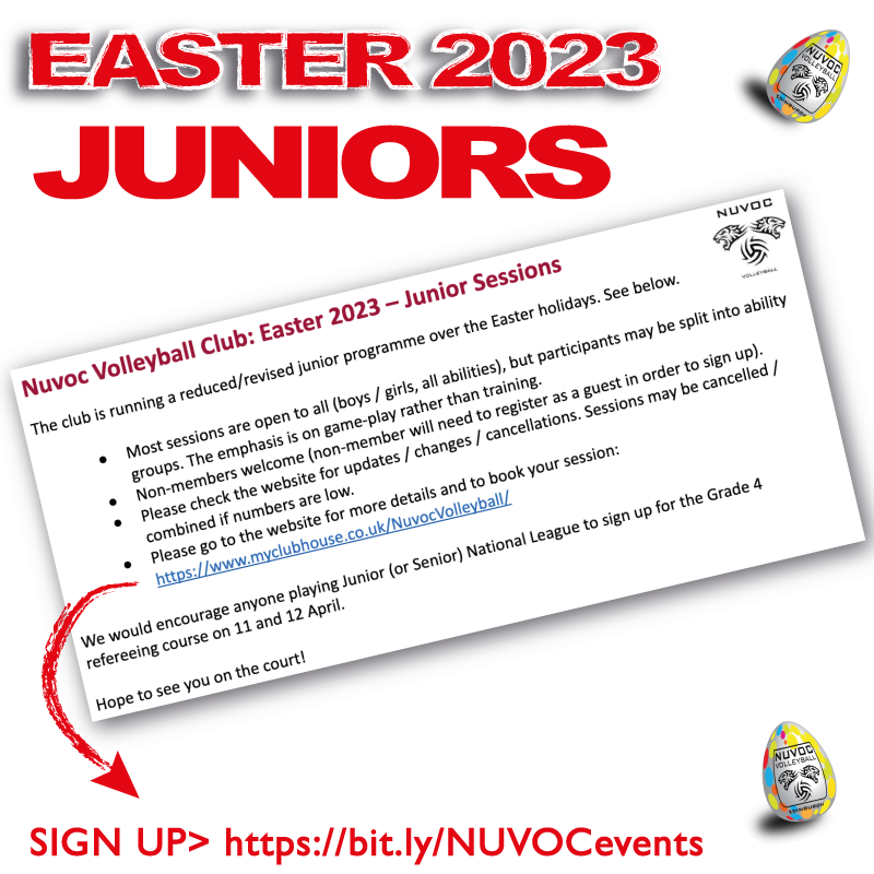 Juniors - Easter Sessions - Plenty of court time available - more info and how to book online > bit.ly/NUVOCevents