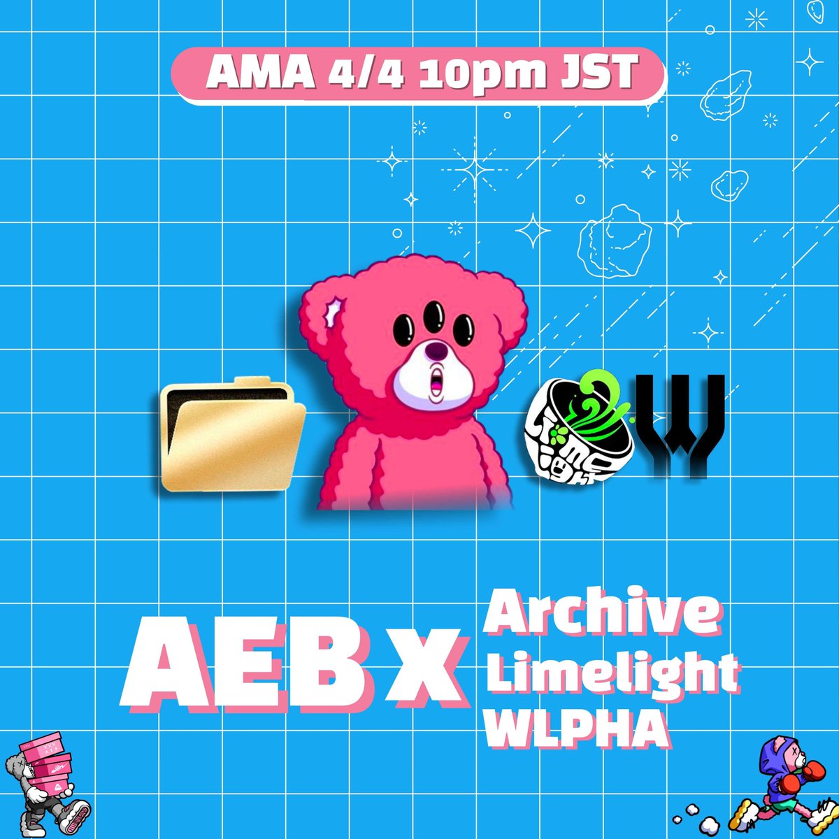 🎁WLPHA x AEB AMA🎁

 Set Reminder

x.com/i/spaces/1ZkKz…

Time: April 4th 10PM (JST)

Giveaway 2AL for <a href="/AEB_NFT/">AEB_NFT</a> 

To enter: 
1⃣Follow 
<a href="/AEB_NFT/">AEB_NFT</a> 
@AEB_official
<a href="/WlphaGa/">WLPHA</a>
<a href="/Z0KY0/">ZOKYO</a>
2⃣Join DC: discord.gg/aeb 
3⃣Like &amp; RT 
4⃣Tag 3 Frds

48H