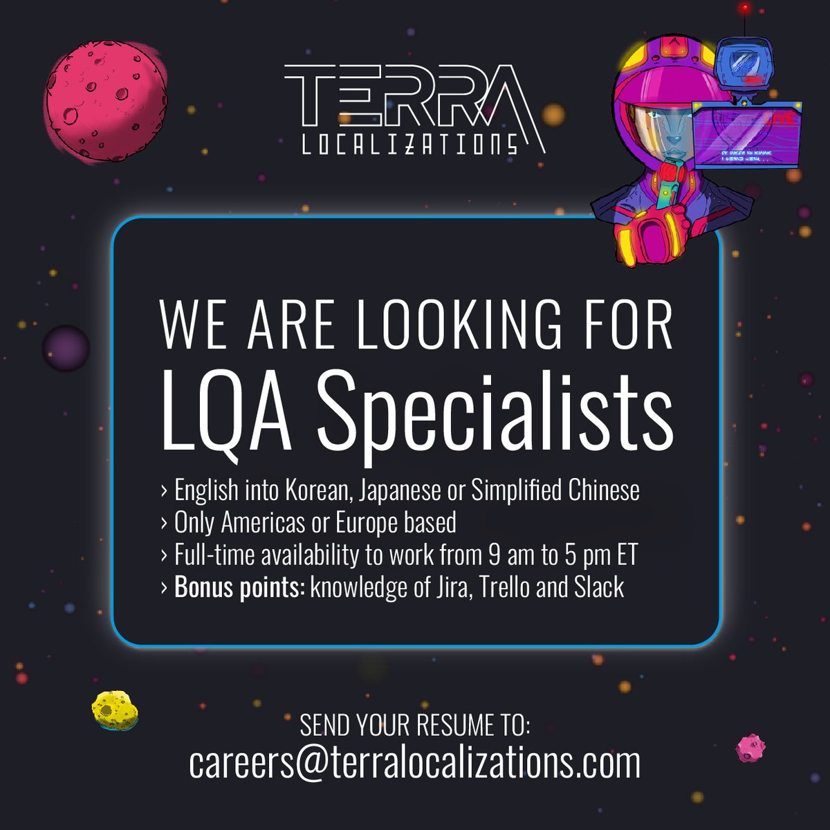 Terra_Loc's tweet image. Our team is looking for LQA Specialists native in Korean, Simplified Chinese and Japanese.

📝 To apply, please send your CV to careers@terralocalizations.com 

#LQA #VideoGameLocalization