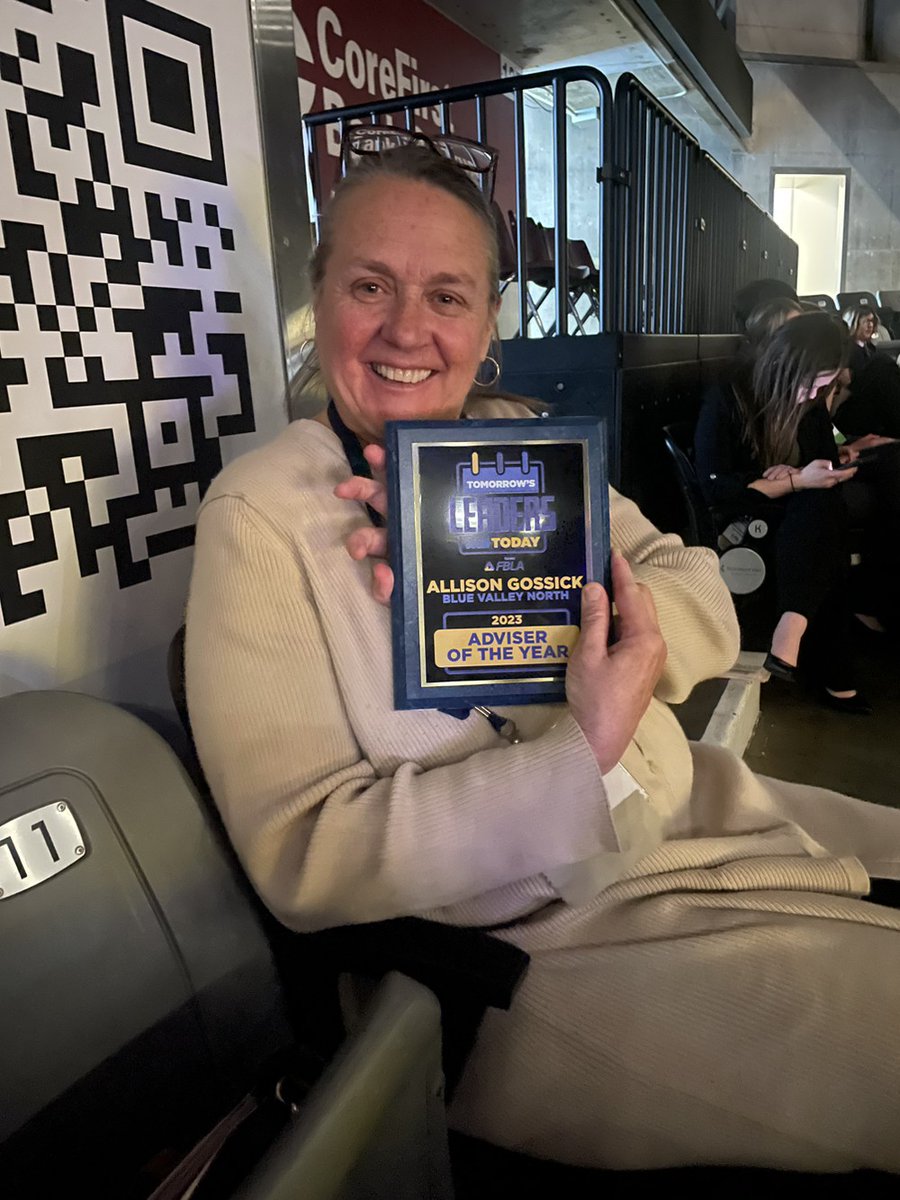 Congratulations to <a href="/MustangsBvn/">BVNMustangs</a> Business Teacher, Allison Gossick, on being the named the 2023 Kansas FBLA Adviser of the Year!  Thanks to Mrs. Gossick for all she does for students!