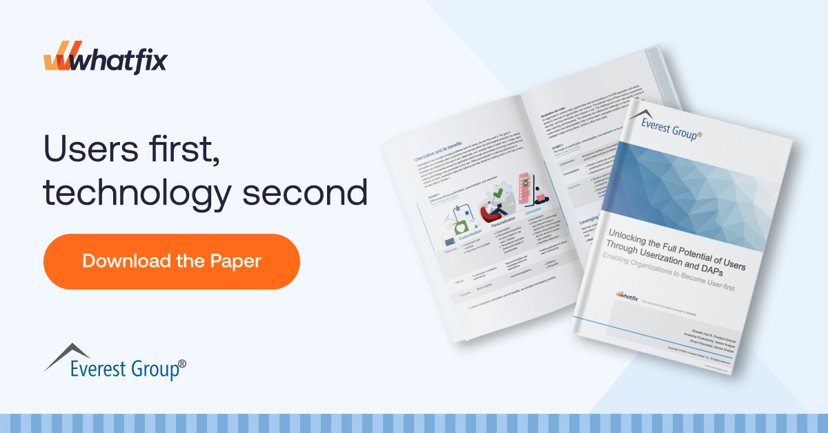 whatfix's tweet image. This paper by @EverestGroup, provides insights into Userization, its key business outcomes for enterprises, benefits for end-users, and leveraging digital adoption platforms (DAPs) to drive Userization.

Read here: buff.ly/3LpqfOT
#whatfix #digitaladoption #userization