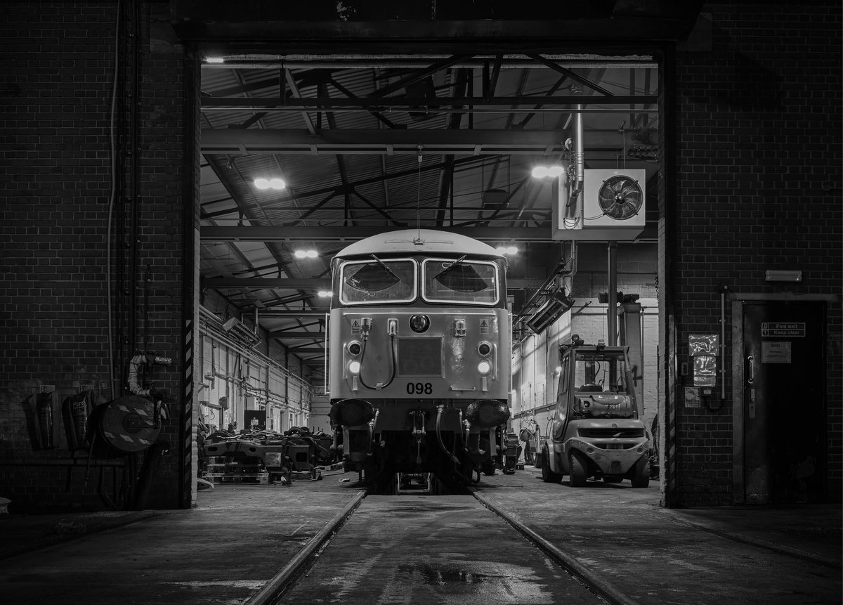 56098 stands inside Leicester Depot late one evening during last Winter, having just been shut down for the night. Photo taken with permission with all train movements having been completed for the day.