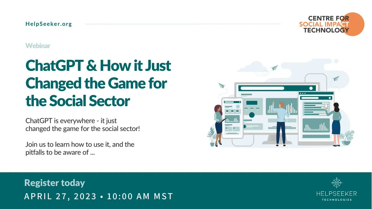 SocImpTecCTR's tweet image. We are partnering up with @HelpSeekerOrg to have a thought provoking discussion around #ChatGPT&apos;s use in the social sector. Join us on April 27th!

buff.ly/42wsV3i  

#TechForGood
#SocialImpactTech
#ImpactTech
#SocialInnovation
#DigitalSocialImpact
#Tech4Impact
#Tech4Good