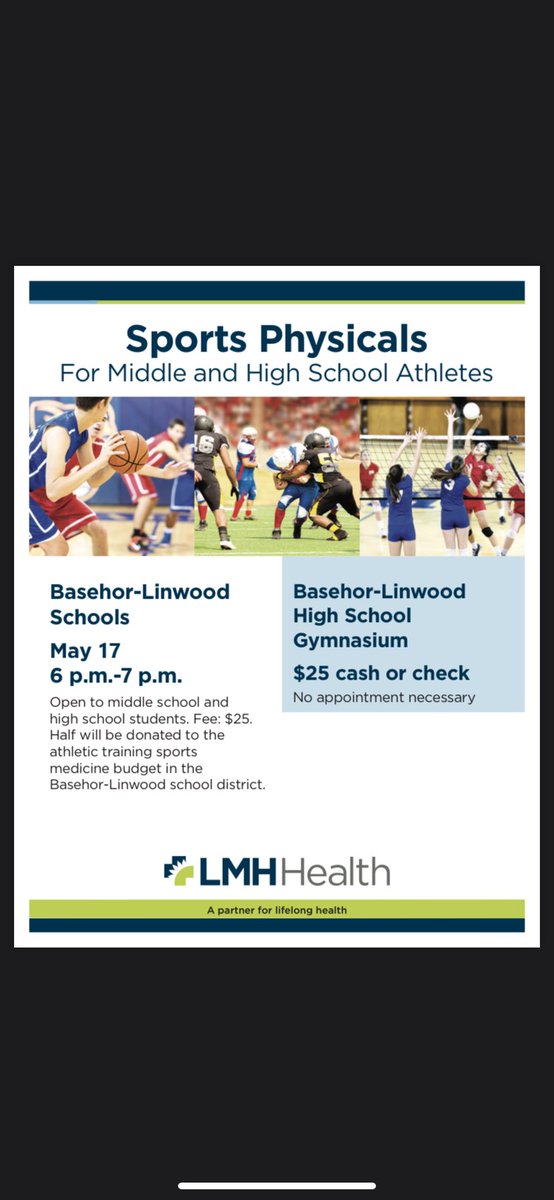 Gameday_Dan1986's tweet photo. @blhsathletics mark you calendar! Sports physicals will be May 17. These physicals are good for the entire 2023-2024 school year! #TBW 💛💚 https://t.co/THv5I7lb7z