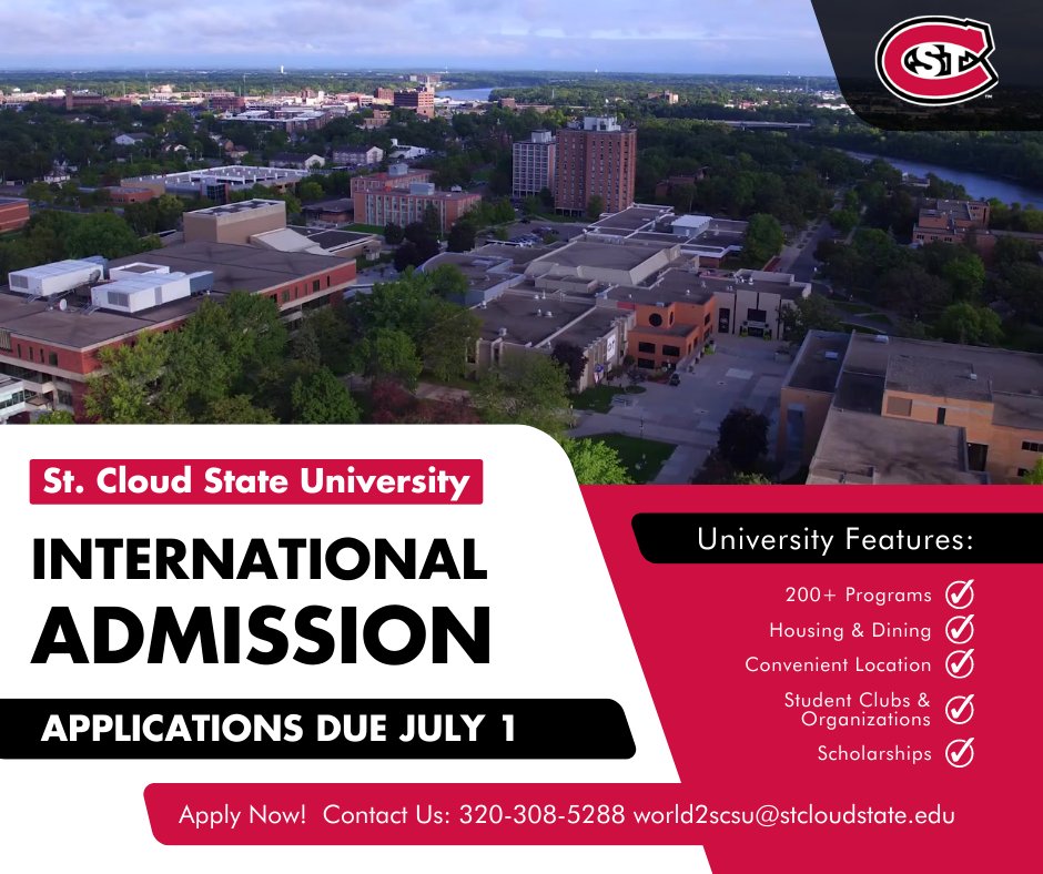 Apply today to St. Cloud State University! International undergraduate applications are due by July 1.

Start your application here: scsu.mn/3M8LRiR