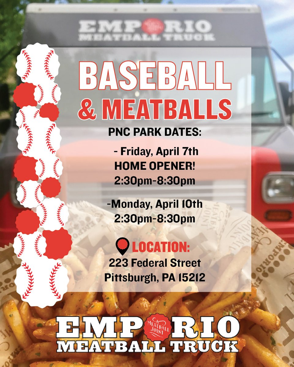 SiennaMercato's tweet photo. ⚾BALLER NEWS:  The EMT will be serving up your favorite balls during various Pittsburgh Pirate's home games! We will be located outside of the SpringHill Suites in the North Shore. Our first two dates are the Home Opener on Friday, April 7th and Monday, April 10th! https://t.co/2jYJX2wt4o