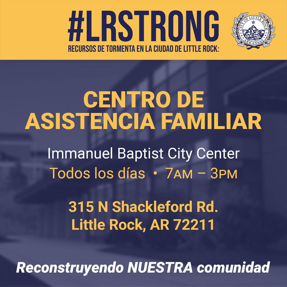 CityLittleRock's tweet photo. Thank you Immanuel Baptist Church @ibclr for partnering with the City to open the FAMILY ASSISTANCE CENTER.
The #FACLR is providing access to:
1. FREE MEALS
2. Mental Health resources
3. Clothes
4. Assistance with recovering IDs & important documents
We are #LRstrong #LRcares https://t.co/T21vOUpC1M
