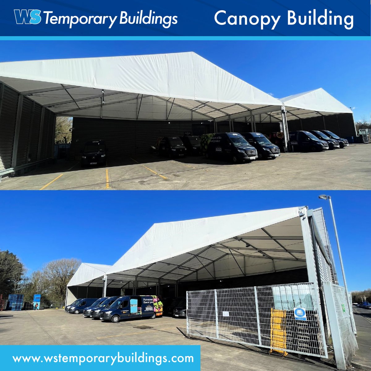 BuildingsWs's tweet photo. These two canopy buildings were recently installed to give protection and shelter during the loading period. The 25mx15m and 30mx15m buildings have been joined together to give our clients all the loading space they require.
#temporarybuildings #workshops #storage #loading https://t.co/Fy9CaEHX82