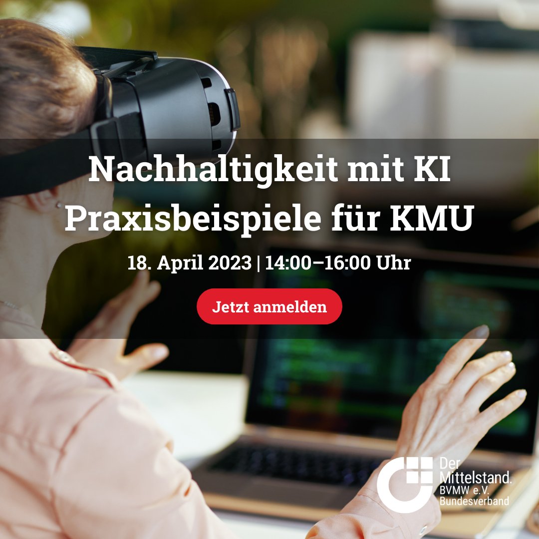 Der Mittelstand. BVMW e.V. (@bvmwev) on Twitter photo Sie möchten Ihr Unternehmen digitalisieren & gleichzeitig nachhaltig gestalten? Dann nehmen Sie am Onlineseminar des <a href="/DigitalZBerlin/">Digitalzentrum Berlin</a> teil!
Erfahren Sie, wie Sie mit dem Potenzial von #KI die Nachhaltigkeitsziele Ihres Unternehmens umsetzen 👉 bit.ly/nachhaltigkeit…
#BVMW #IT Sie möchten Ihr Unternehmen digitalisieren & gleichzeitig nachhaltig gestalten? Dann nehmen Sie am Onlineseminar des <a href="/DigitalZBerlin/">Digitalzentrum Berlin</a> teil!
Erfahren Sie, wie Sie mit dem Potenzial von #KI die Nachhaltigkeitsziele Ihres Unternehmens umsetzen 👉 bit.ly/nachhaltigkeit…
#BVMW #IT