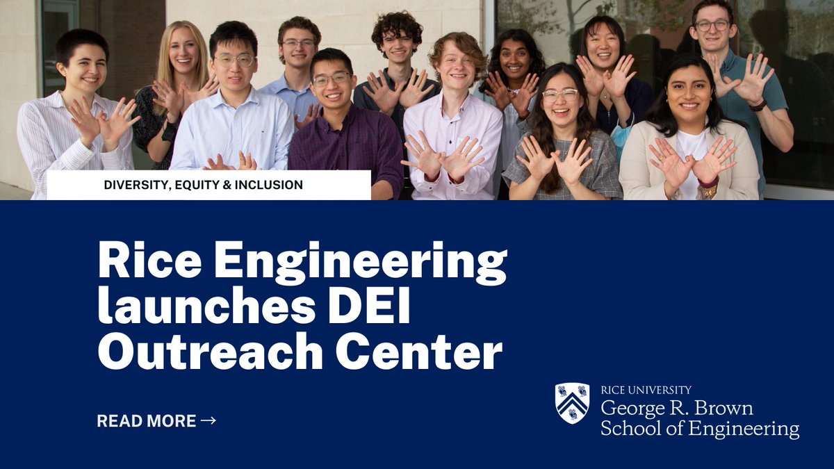 RiceEngineering's tweet photo. Rice Engineering has launched its Diversity, Equity and Inclusion Outreach Center to develop school-wide strategic initiatives to improve recruitment, retention and support for populations historically excluded from STEM.

Learn more about the center: https://t.co/fxZwIU29tm https://t.co/00x1pTKaGa