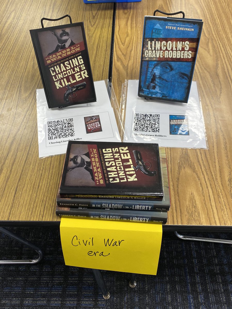 Exploring book titles in our next unit, Literary Nonfiction. Students can scan QR code to hear a book talk by Yours Truly.