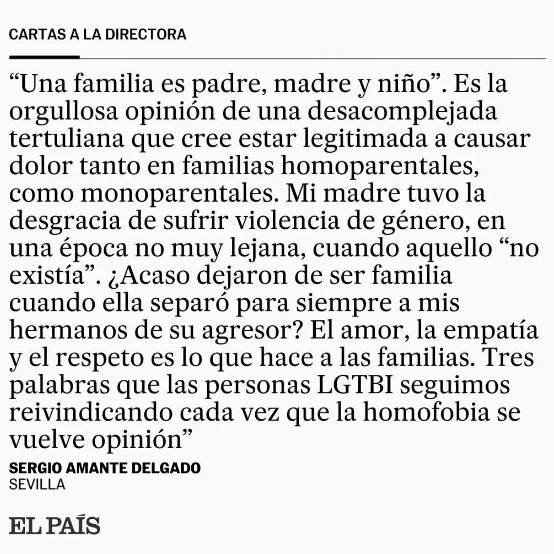 Sergio Amante 🇪🇺 (@sergioamante_) on Twitter photo Me cansa el falso buenismo de que "todas las opiniones son respetables" y así lo escribí en <a href="/elpais_opinion/">EL PAÍS Opinión</a> tras las polémicas palabras de Paloma Cervilla en #EnBocaDeTodos.
Mitificar una falsa libertad como coartada ideológica es peligroso para la democracia. Me cansa el falso buenismo de que "todas las opiniones son respetables" y así lo escribí en <a href="/elpais_opinion/">EL PAÍS Opinión</a> tras las polémicas palabras de Paloma Cervilla en #EnBocaDeTodos.
Mitificar una falsa libertad como coartada ideológica es peligroso para la democracia.