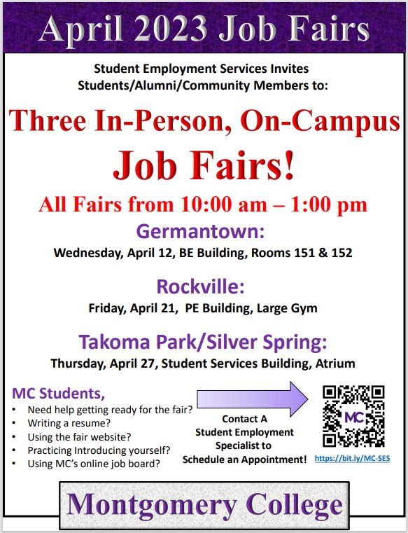 🚨 Register to vote & sign up to become an election poll worker for the 2024 election! 🗳 WHAT: @montgomerycoll JOB FAIRS WHEN/WHERE: April 12 (MC-G'town), April 21 (MC-R'ville) & April 27 (MC-Takoma Park/SS) TIME: 11AM-1PM ℹ️ montgomerycollege.edu/life-at-mc/stu… #YourVoiceYourVote2024 🇺🇲