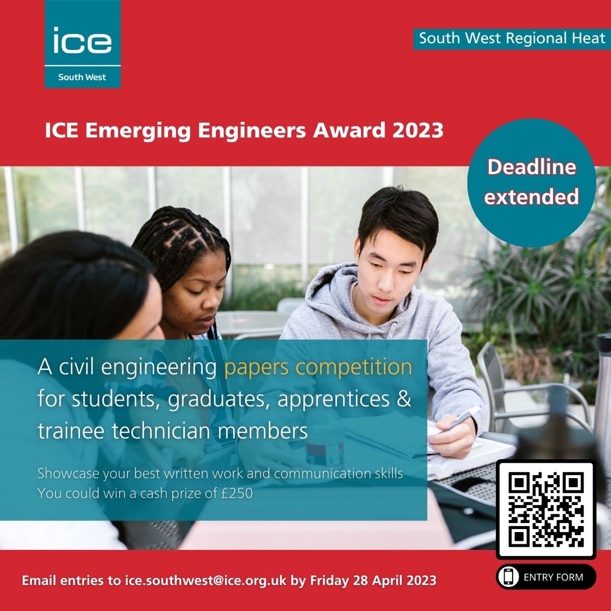 ICESouthWest's tweet photo. DEADLINE EXTENDED!
You have until Friday 28 April to submit your synopsis or abstract to be in with a chance of winning the South West regional heat of the ICE #EmergingEngineers Award 2023.
https://t.co/NxdrC32Lk5
#competition #civilengineering #civilengineers https://t.co/cOI8ZZ7Iup