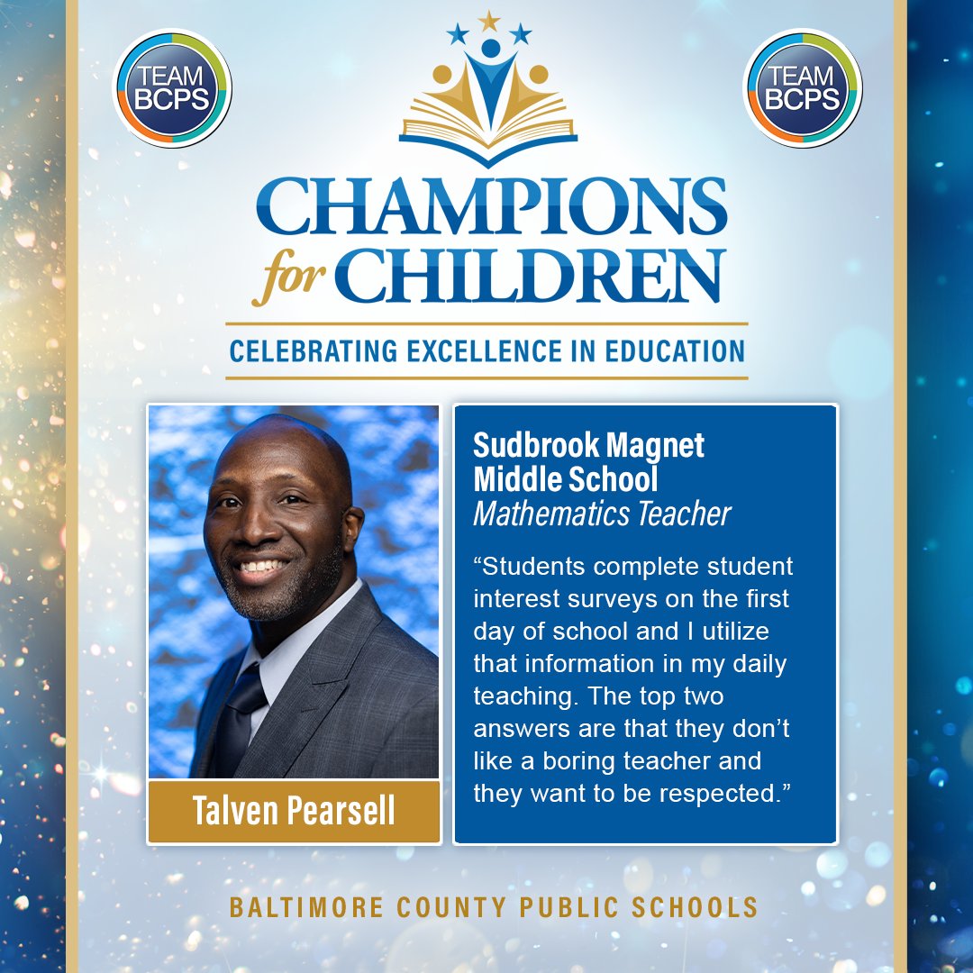 Baltimore County Public Schools (@baltcops) on Twitter photo 🎉 Meet Talven Pearsell, #TeamBCPS Middle School Teacher of the Year and 2023-2024 BCPS Teacher of the Year Finalist! <a href="/sudbrookmagnet/">Sudbrook Magnet</a>
✨ Join us on Wednesday, April 19, for our livestreamed Champions for Children awards gala!
Learn More ➡ ow.ly/vcJ050NrBSo 🎉 Meet Talven Pearsell, #TeamBCPS Middle School Teacher of the Year and 2023-2024 BCPS Teacher of the Year Finalist! <a href="/sudbrookmagnet/">Sudbrook Magnet</a>
✨ Join us on Wednesday, April 19, for our livestreamed Champions for Children awards gala!
Learn More ➡ ow.ly/vcJ050NrBSo