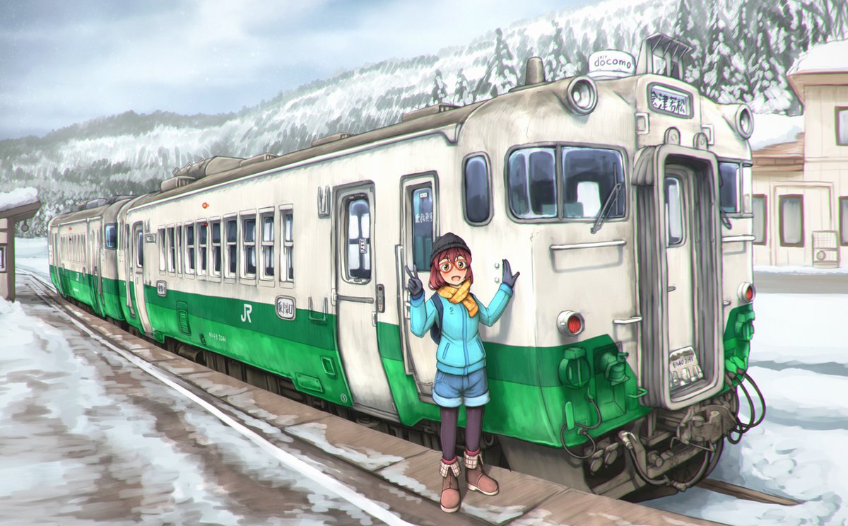 1girl solo snow scarf gloves ground vehicle outdoors  illustration images