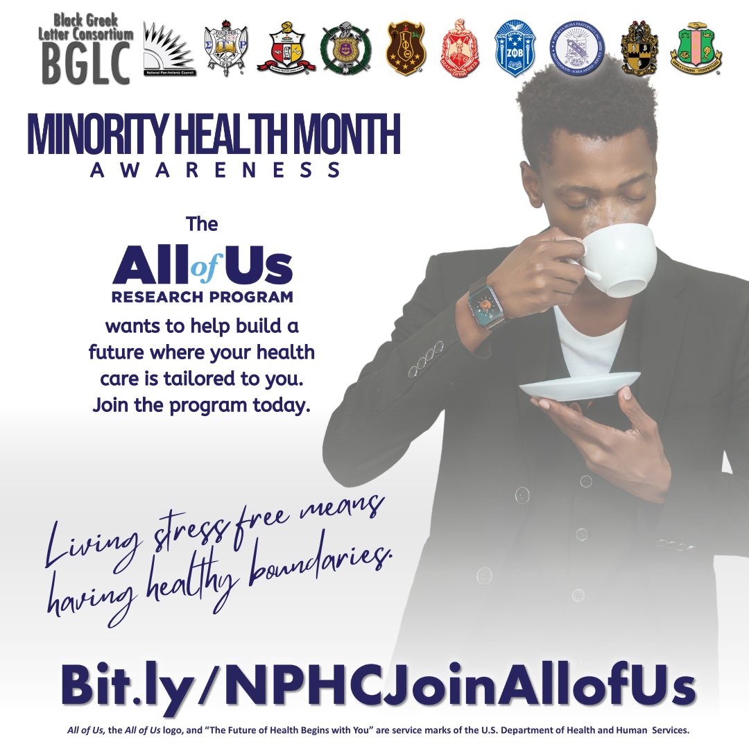 The All of Us Research Program wants to help build a future where your health care is tailored to you. Learn more about the program today at bit.ly/NPHCJoinAllofUs. #joinallofus #bglc #AKA1908 #medicalresearch #minorityhealthmatters #stressfreeliving