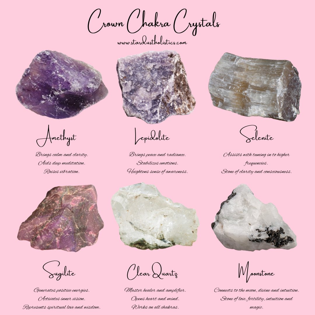 Stardustbydani's tweet photo. #crownchakra #sahasrara #crownchakracrystals #amethyst #lepidolite #selenite #sugilite #clearquartz #moonstone https://t.co/nbkM3t6JhK