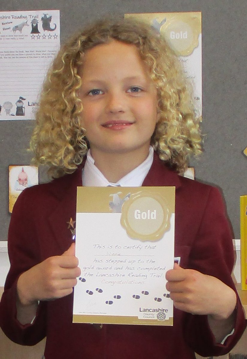 LancsLibraries's tweet photo. A massive well done to Winnie for achieving your #LancsReadingTrail Gold Certificate! 
All the staff at #Lythamlibrary are super proud of you for reading 50 books
Start your trail here
🐾https://t.co/Ozw7GL6ubE https://t.co/k1VsYuijpn
