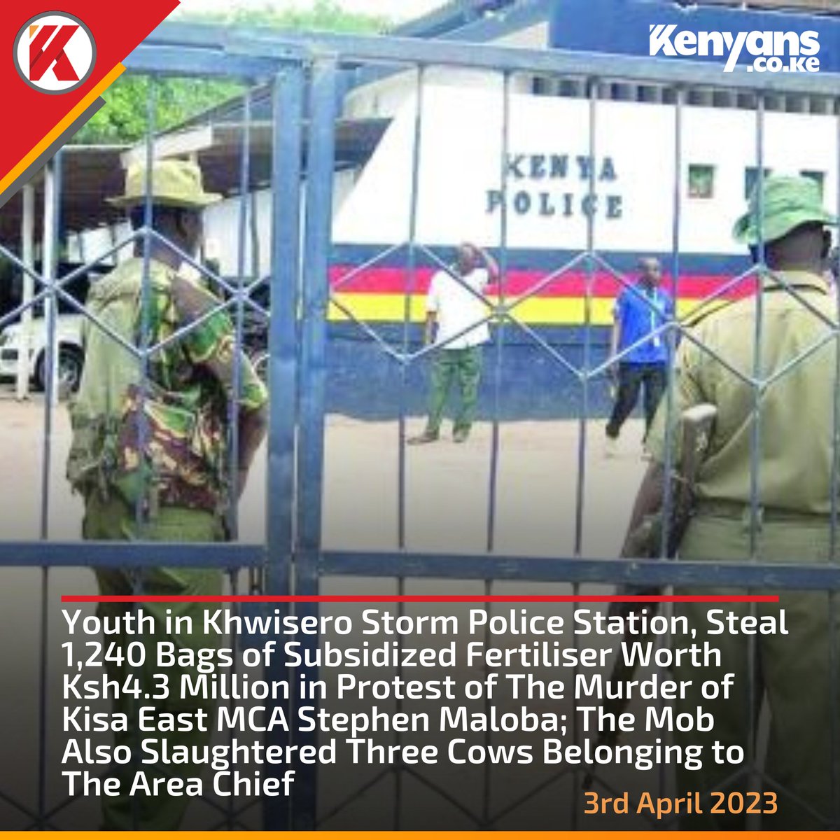 Kenyans's tweet photo. Youth in Khwisero storm police station, steal 1,240 bags of fertiliser worth Ksh4.3 million https://t.co/i2ytxRO2SG