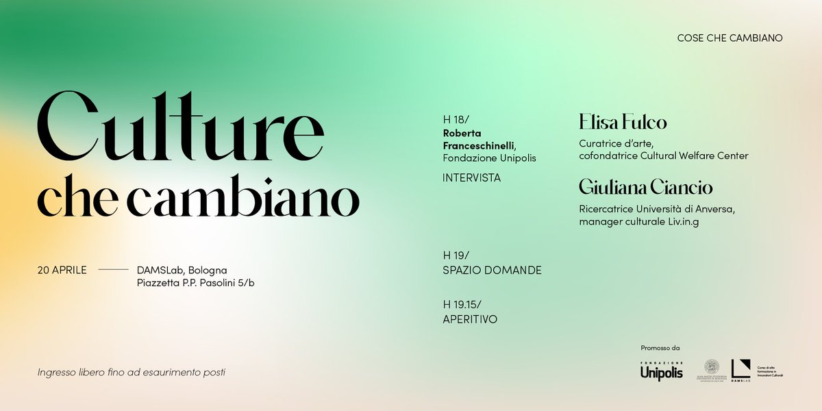 📍20 aprile, ore 18 | DAMSLab, Bologna

Come stanno cambiando progettazione, produzione e fruizione nei campi della cultura, della creatività e dell’arte? Cercheremo di rispondere con il terzo appuntamento del ciclo #Cosechecambiano. Vi aspettiamo!