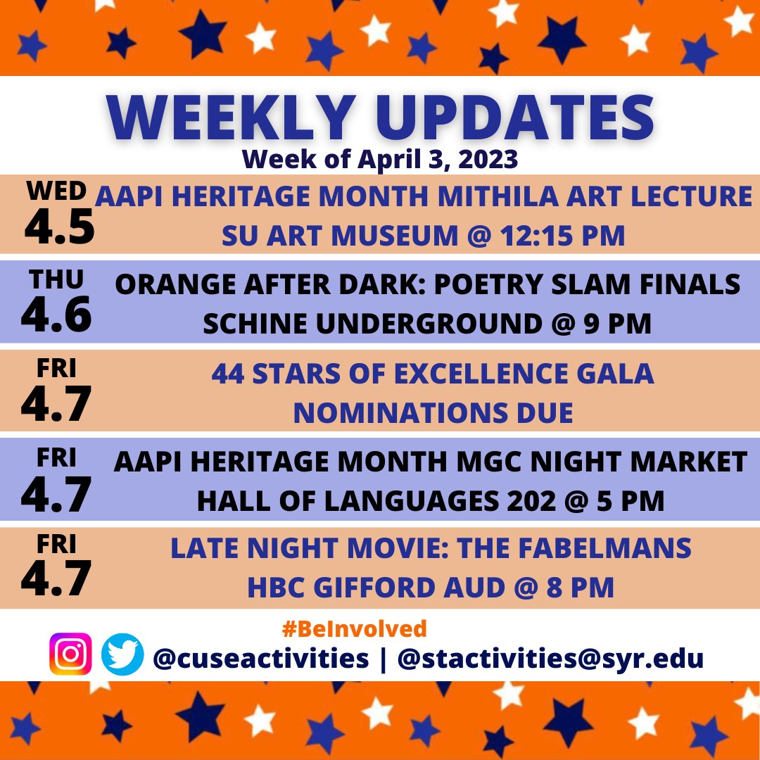 CuseActivities's tweet image. We're celebrating AAPI Heritage Month early! Where will we see you this week???