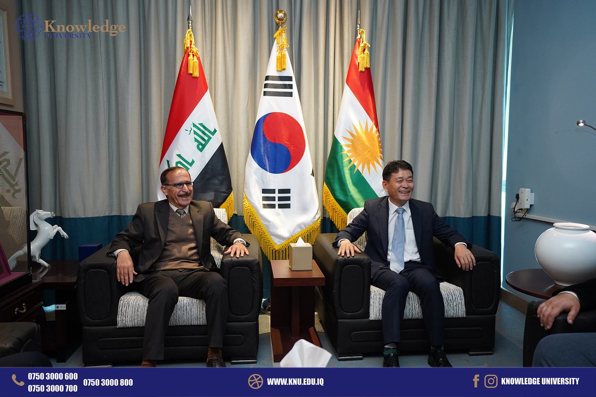 KnowledgeUniv's tweet photo. A delegation from Knowledge University consisting of Mr. (Dr. Anwar Omar - Head of the Law Department) and (Shakwan Sabah - Head of University Relations) visited the Consulate General of South Korea in Erbil. https://t.co/RaTt9IlUXe