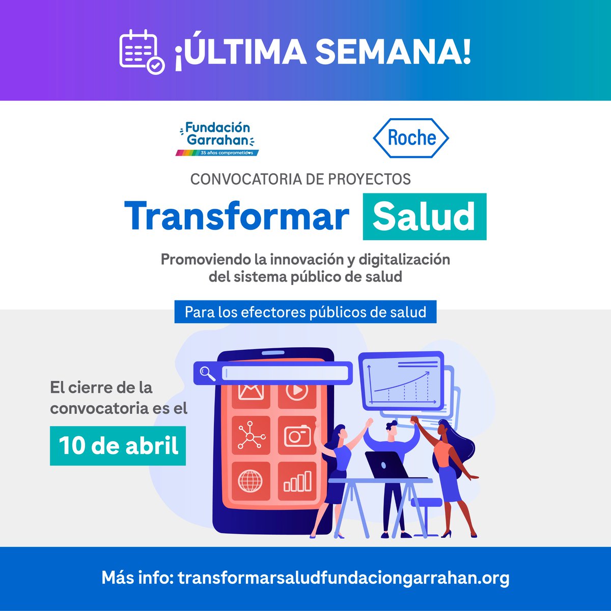 FundGarrahan's tweet photo. ¡Última semana para inscribirte a Transformar Salud!

El 10 de abril cierra la convocatoria para participar del programa creado por Fundación Garrahan y @RocheArgentina para promover la sostenibilidad y la transformación digital de los sistemas de salud.
https://t.co/W8Ueytz2lS https://t.co/GEXUro9BtK