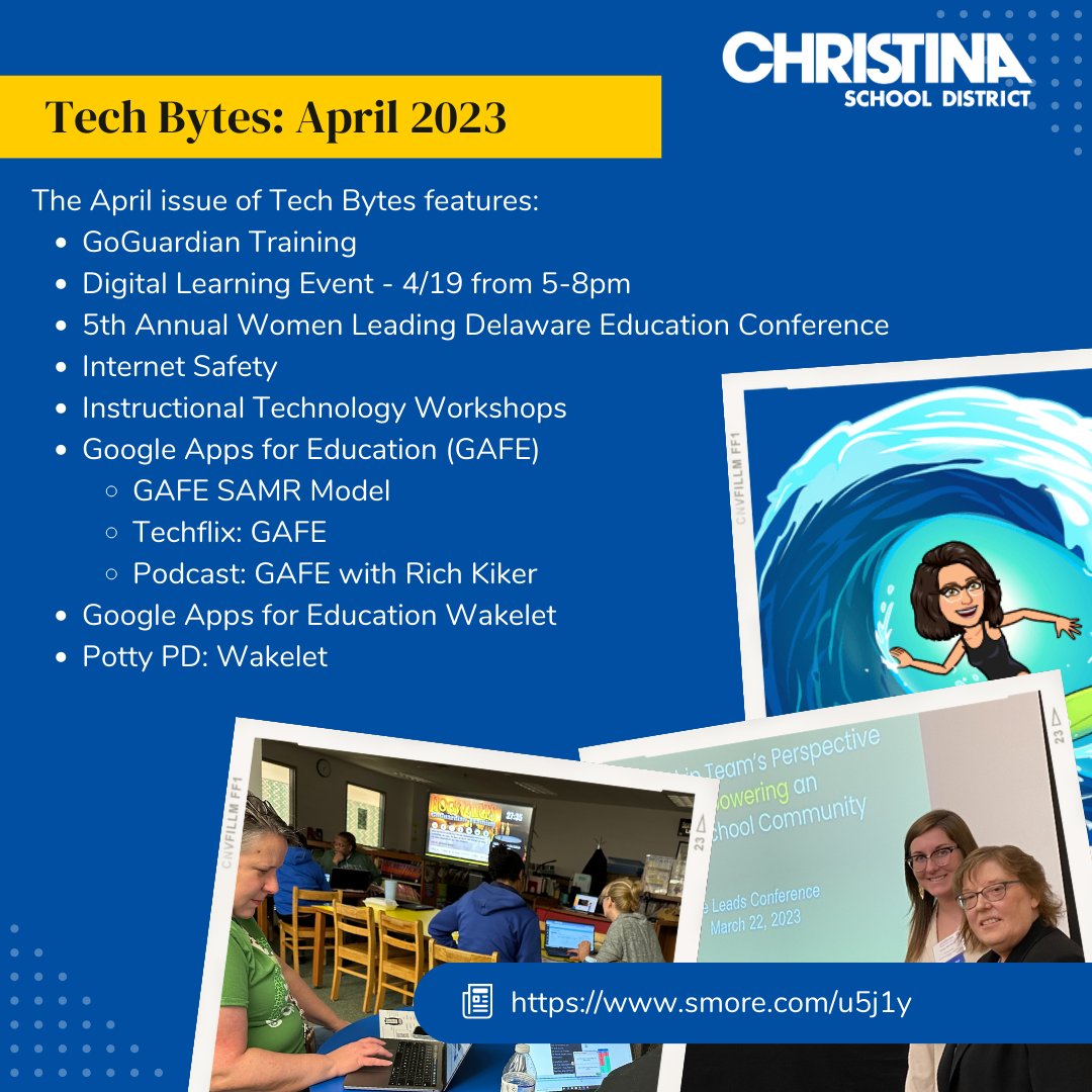 The April issue of Tech Bytes is now available for @christinak12 staff. @goguardian PD w/ @decktoys, Digital Learning Event, @UD_DASL Women's Conference, Internet Safety, Instr. Tech. Workshops, #SAMR & #TechFlix w/ @GoogleForEdu, @rkiker GAFE, #PottyPD: @wakelet #christinastrong