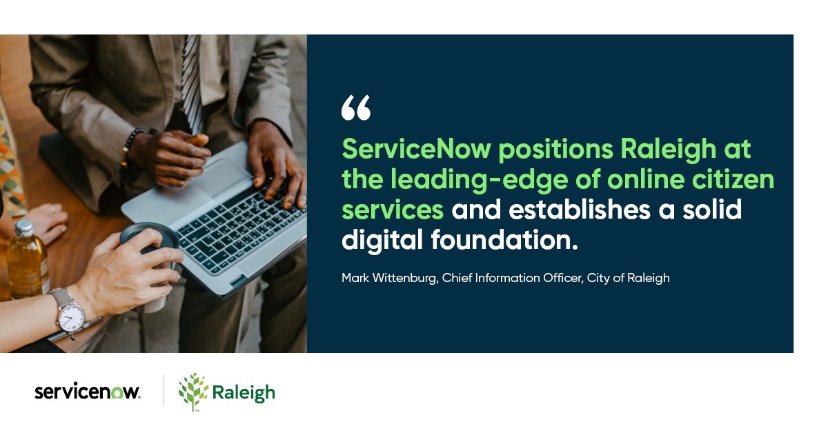 rickjtaylor's tweet photo. A world-class city needs world-class services. Raleigh has partnered with ServiceNow to leverage the latest technology, deliver high-quality services to residents, businesses, and visitors, and continue building a people-focused smart city. https://t.co/wc7wtwhRpx https://t.co/Wrb13yENAq