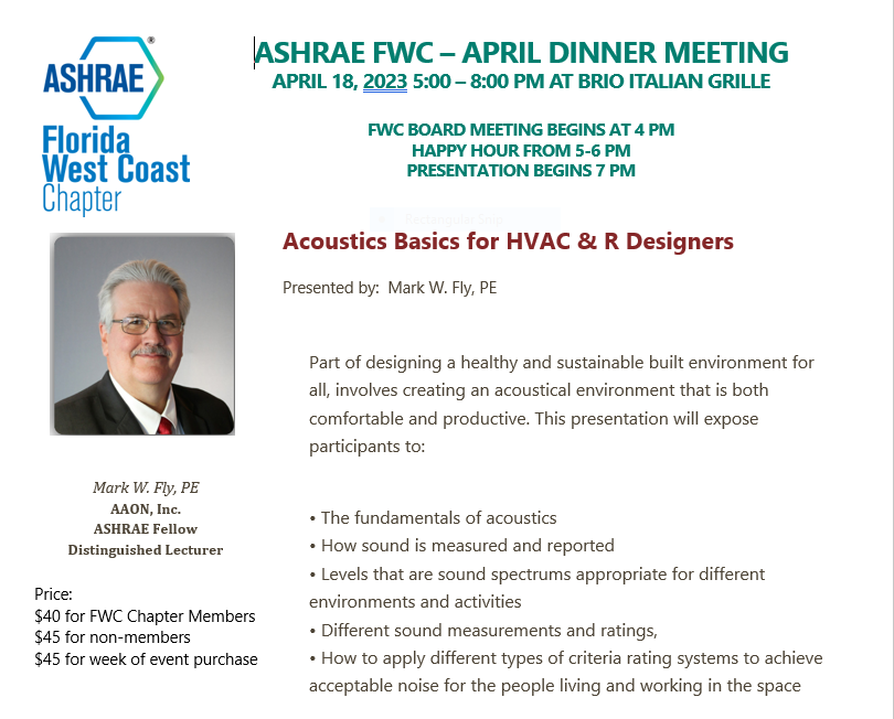 Our guest/presenter for the Chapter Dinner Meeting will be Mark W. Fly, PE with AAON, Inc. Happy Hour is from 5pm - 6pm. This meeting is $40 for FWC chapter members, $45 for non-FWC chapter members, $45 the week of the event. Purchase 📷  tickets here: ashrae-fwc.org/events/april-2…