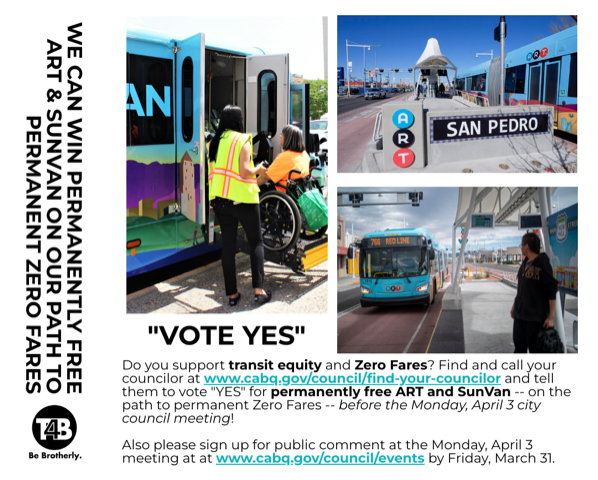 Do you support transit equity and Zero Fares? Find and call your councilor at cabq.gov/council/find-y… and tell them to vote 'YES' for permanently free ART and SunVan- on the path to permanent Zero Fares -- before TONIGHT'S city council meeting!