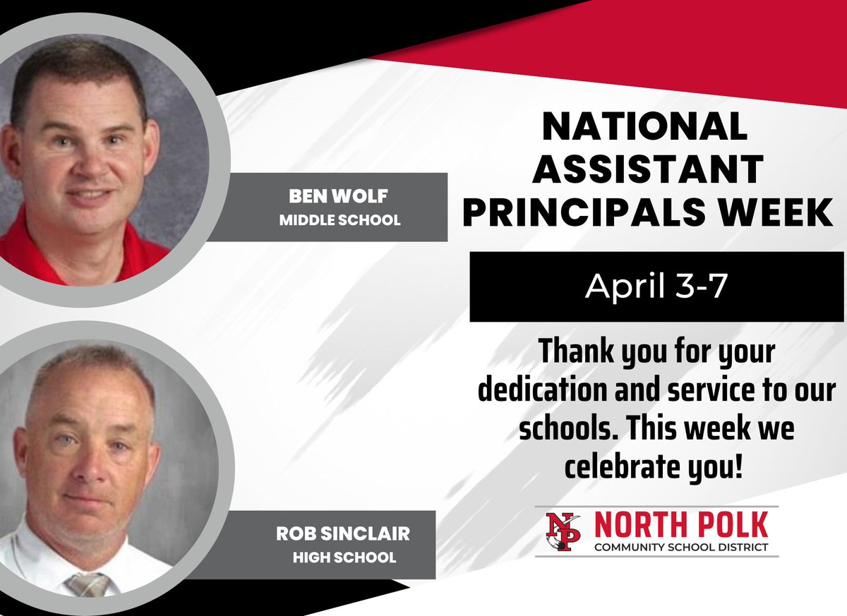 NorthPolkCSD's tweet photo. Join us in celebrating National Assistant Principals Week! Thank you for all that you do to support our students and staff. Let's take a moment to appreciate and celebrate our Assistant Principals this week! #NationalAPWeek #ProudToBeNP https://t.co/dBQoox4iPJ